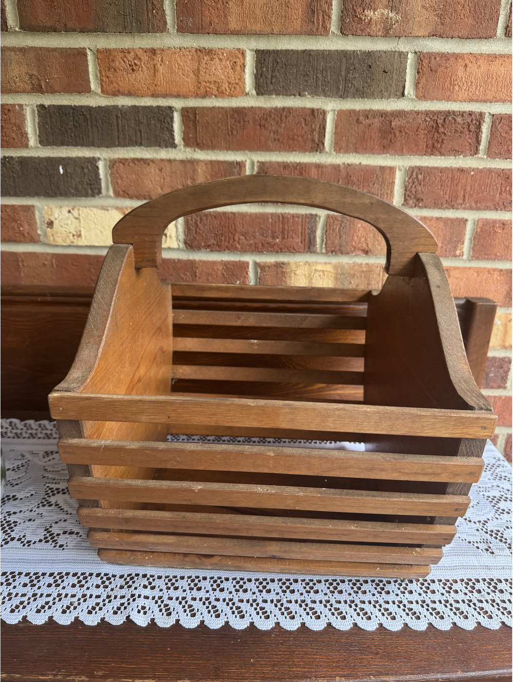 Vintage Large Wooden Magazine Slatted Basket with Handle